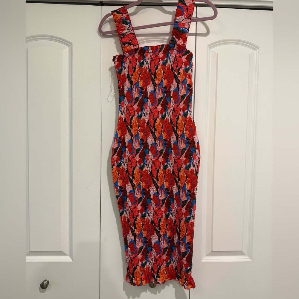 Stretch Smocked Midi Dress in Red Multicolor